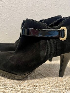 Bandolino Black Suede Ankle Booties with Patent Strap and Gold Accent